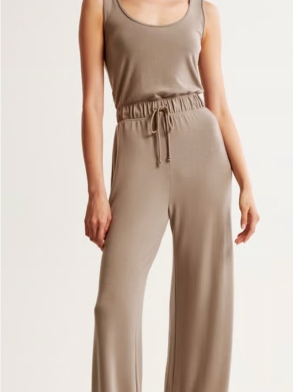 Abercrombie & Fitch Taupe Wide-Leg Drawstring Jumpsuit